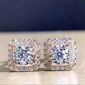 Zircon Halo Square Cut Earrings, Princess Cut Stud